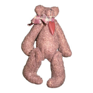 VTG Teddy Bear Wooden Red Heart & Plaid Scarf Handmade Collectible 1950-80 EUC